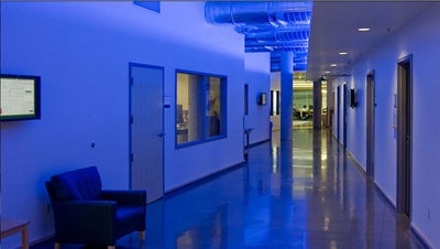 Hallway containing several doors to offices and lab spaces